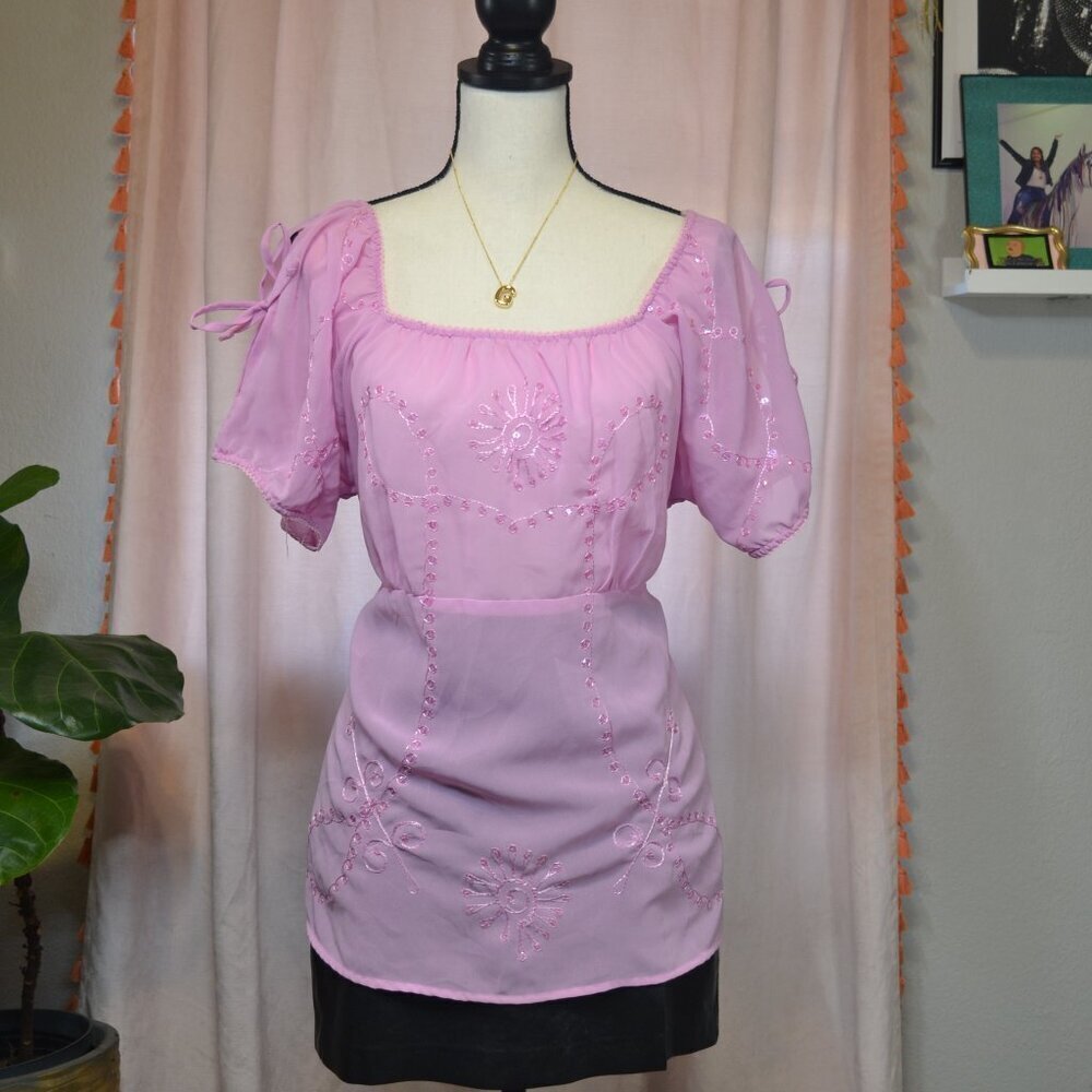 Fashion Bug Vintage Pink Sheer Tunic Blouse Embroidered Florals size XL